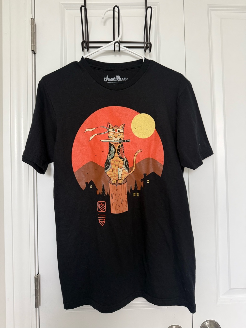 Threadless Black Graphic Tee with Orange and Yellow Cat Design